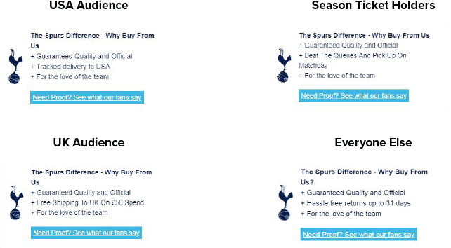 Highlighted benefits of buying directly from Tottenham to increase cart additions