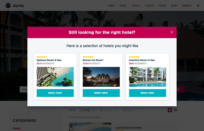 Overlays de recomendaciones personalizadas de viaje para usuarios con intención de salida