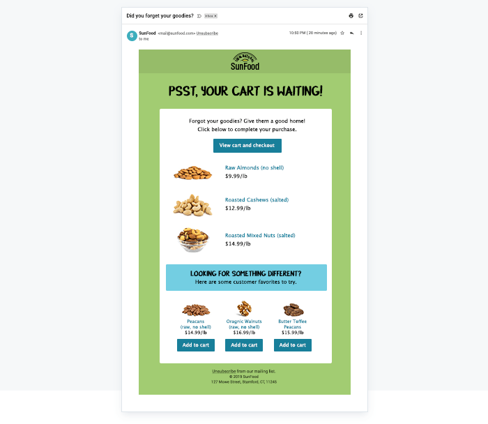 Triggering emails to re-capture cart abandoners and drive them back to items in their cart