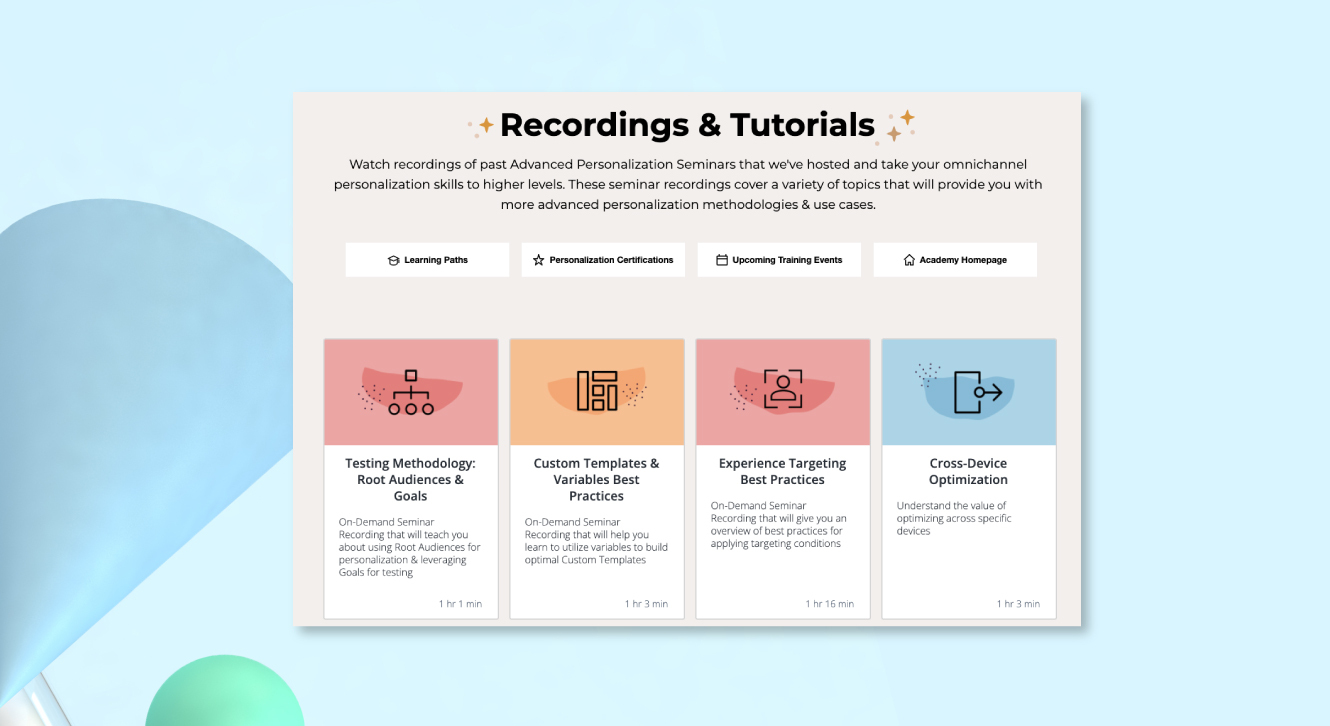 recordings and tutorials homepage in dynamic yield academy