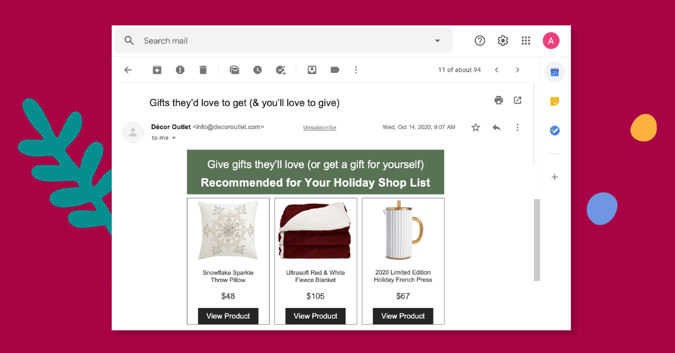 An example of personalized product recommendations in an email campaign.