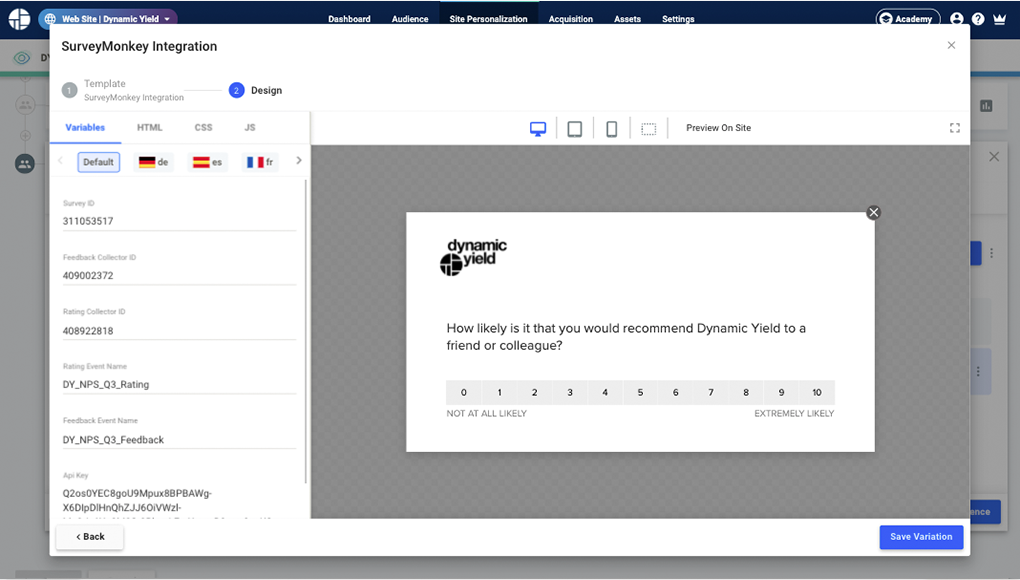 Dynamic Yield and SurveyMonkey integration screenshot