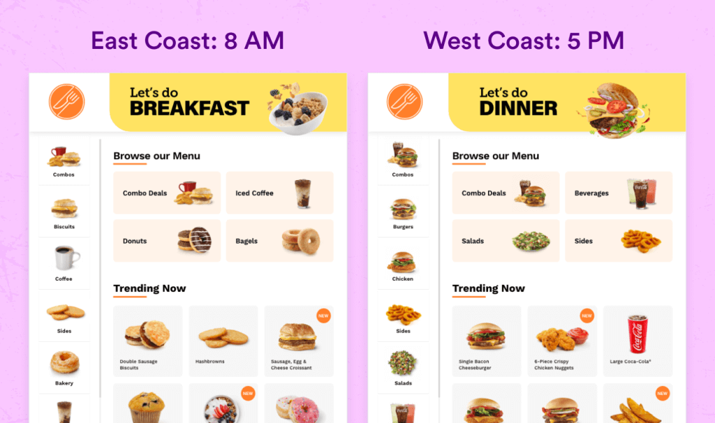 example of two personalized digital menu boards from QSRs with different recommendations based on the time of day and restaurant location